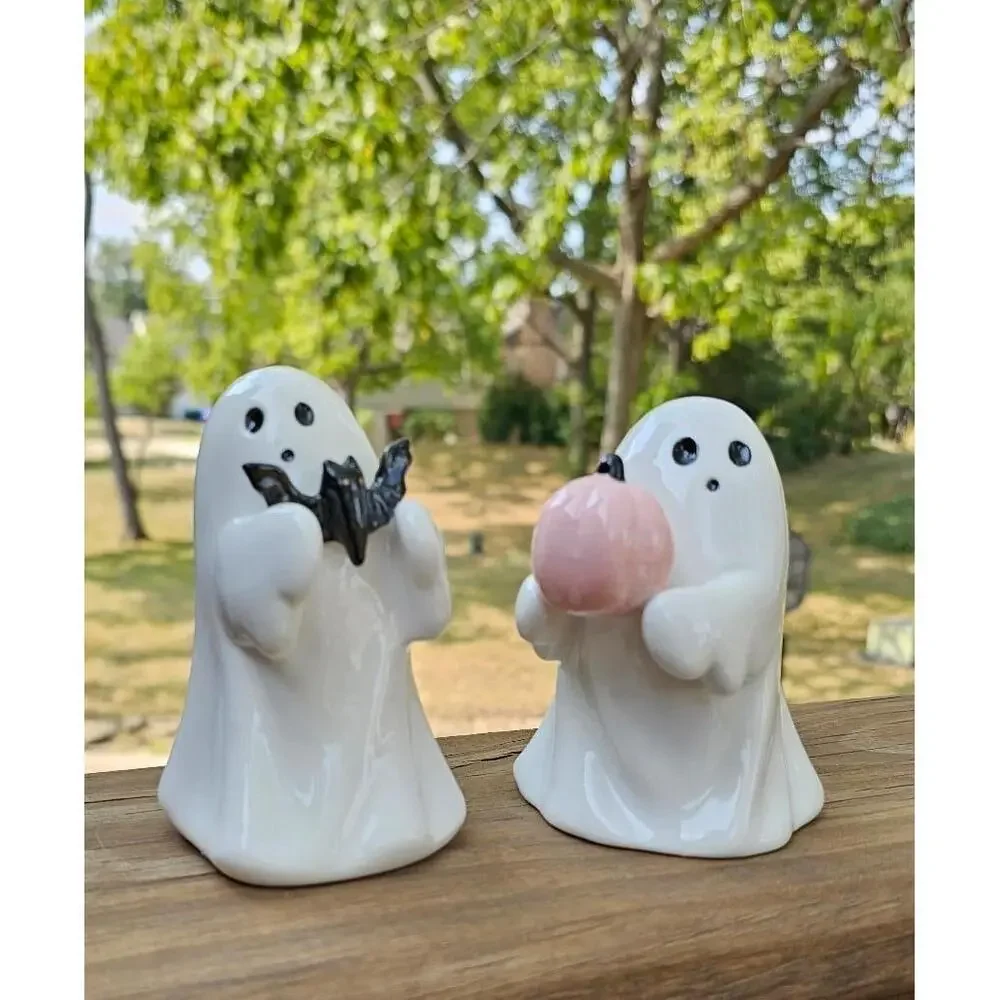 Target Hyde & EEK Boutique Ceramic Ghost with Bat + Pumpkin Halloween‎ Figurines
